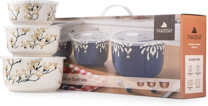 TAKISSO Porcelain Bowl Set of 3 with Airtight Lids (1000ml, 600ml, 325ml) – Microwave & Dishwasher Safe Food Storage Containers