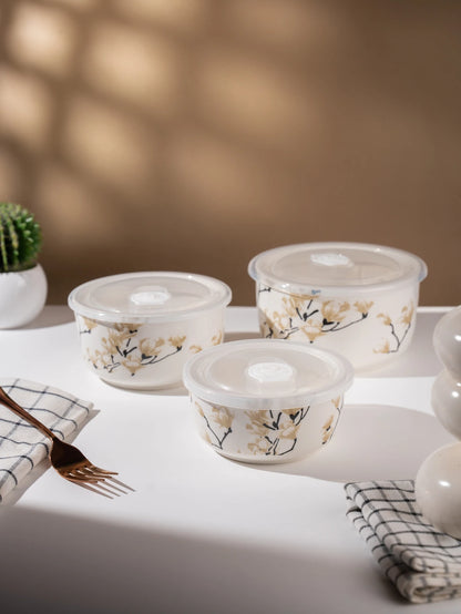 TAKISSO Porcelain Bowl Set of 3 with Airtight Lids (1000ml, 600ml, 325ml) – Microwave & Dishwasher Safe Food Storage Containers