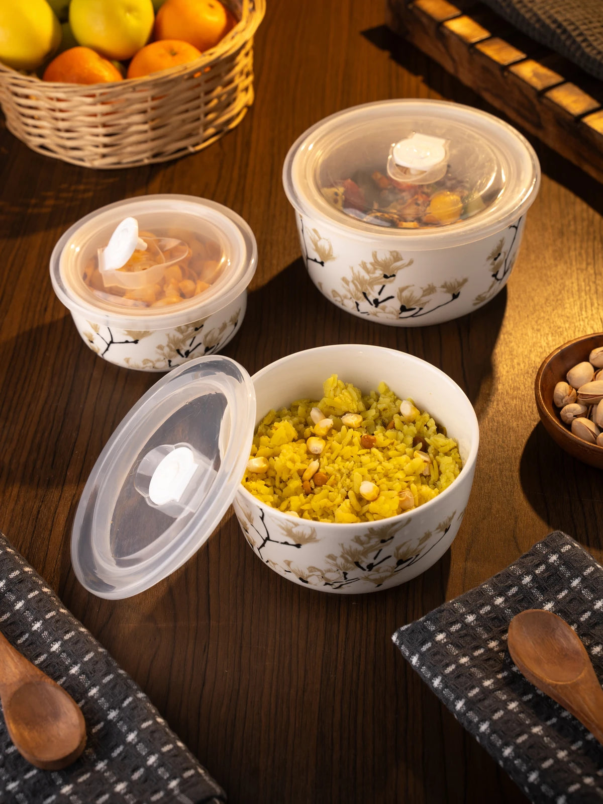 TAKISSO Porcelain Bowl Set of 3 with Airtight Lids (1000ml, 600ml, 325ml) – Microwave & Dishwasher Safe Food Storage Containers