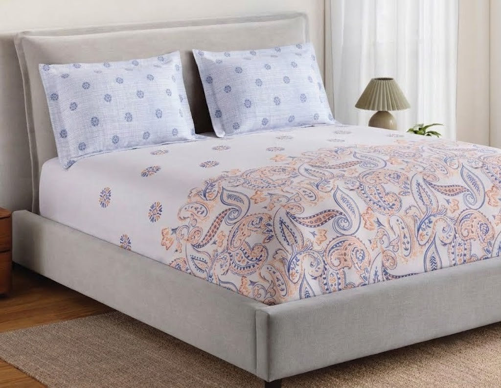 SPACES Flora 100% Cotton 144 TC Percale Bedsheet Set with 2 Pillow Covers (Orange)