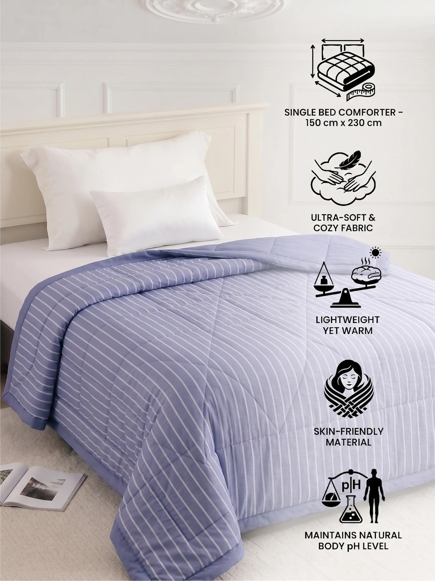 AC Comforter Striped Single with Fiber Filling (150x230 cm) Multiple Colors Available