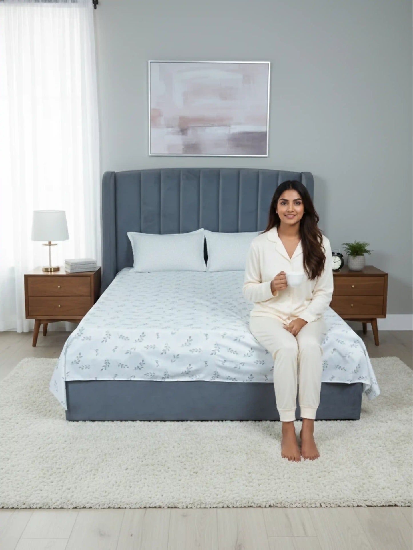 Elegant Grey Leaf Pattern Cotton Double Bedsheet Set