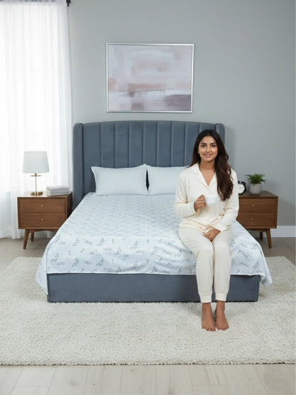 Elegant Grey Leaf Pattern Cotton Double Bedsheet Set