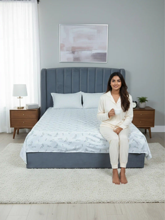 Elegant Grey Leaf Pattern Cotton Double Bedsheet Set