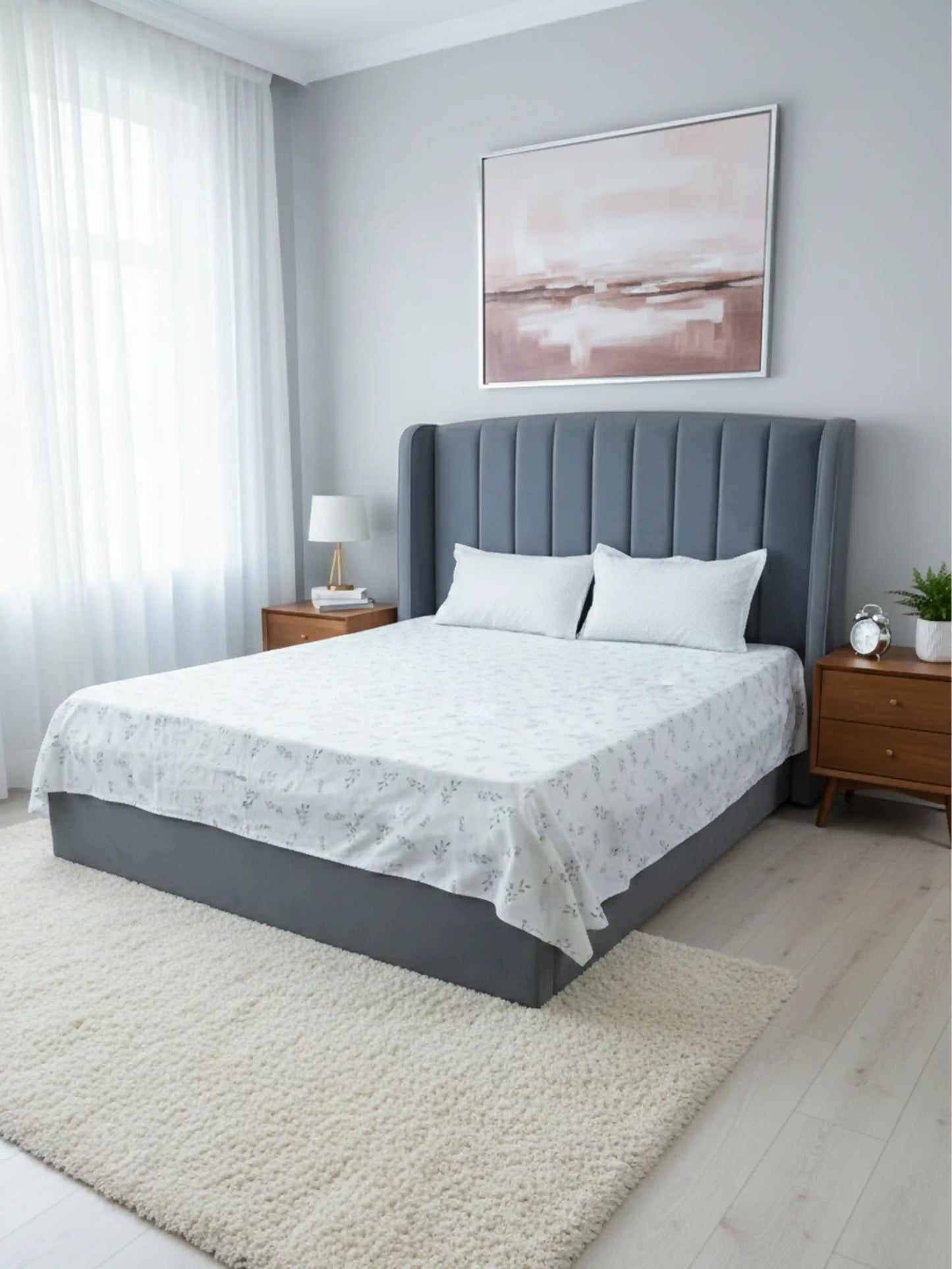 Elegant Grey Leaf Pattern Cotton Double Bedsheet Set