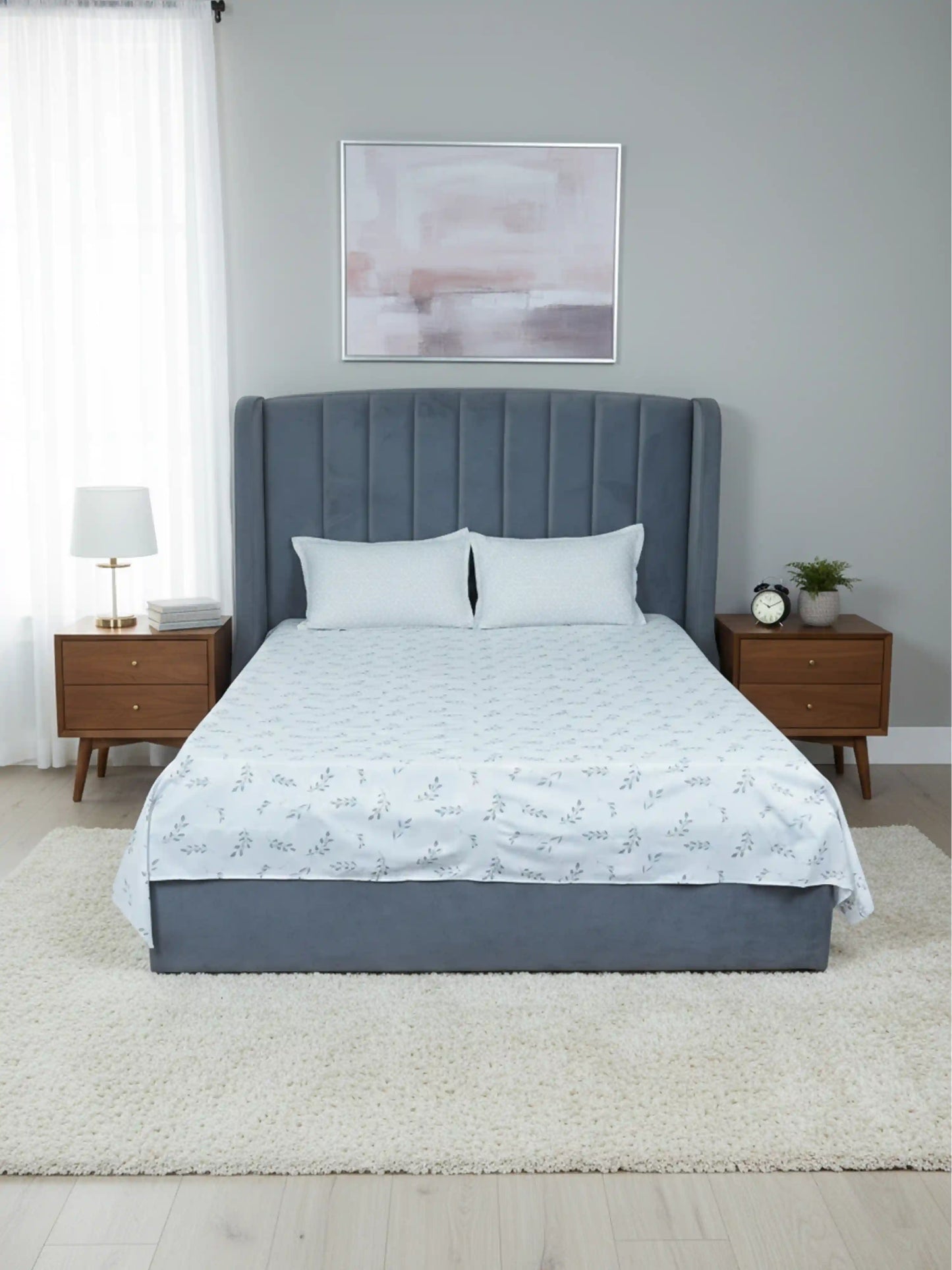 Elegant Grey Leaf Pattern Cotton Double Bedsheet Set