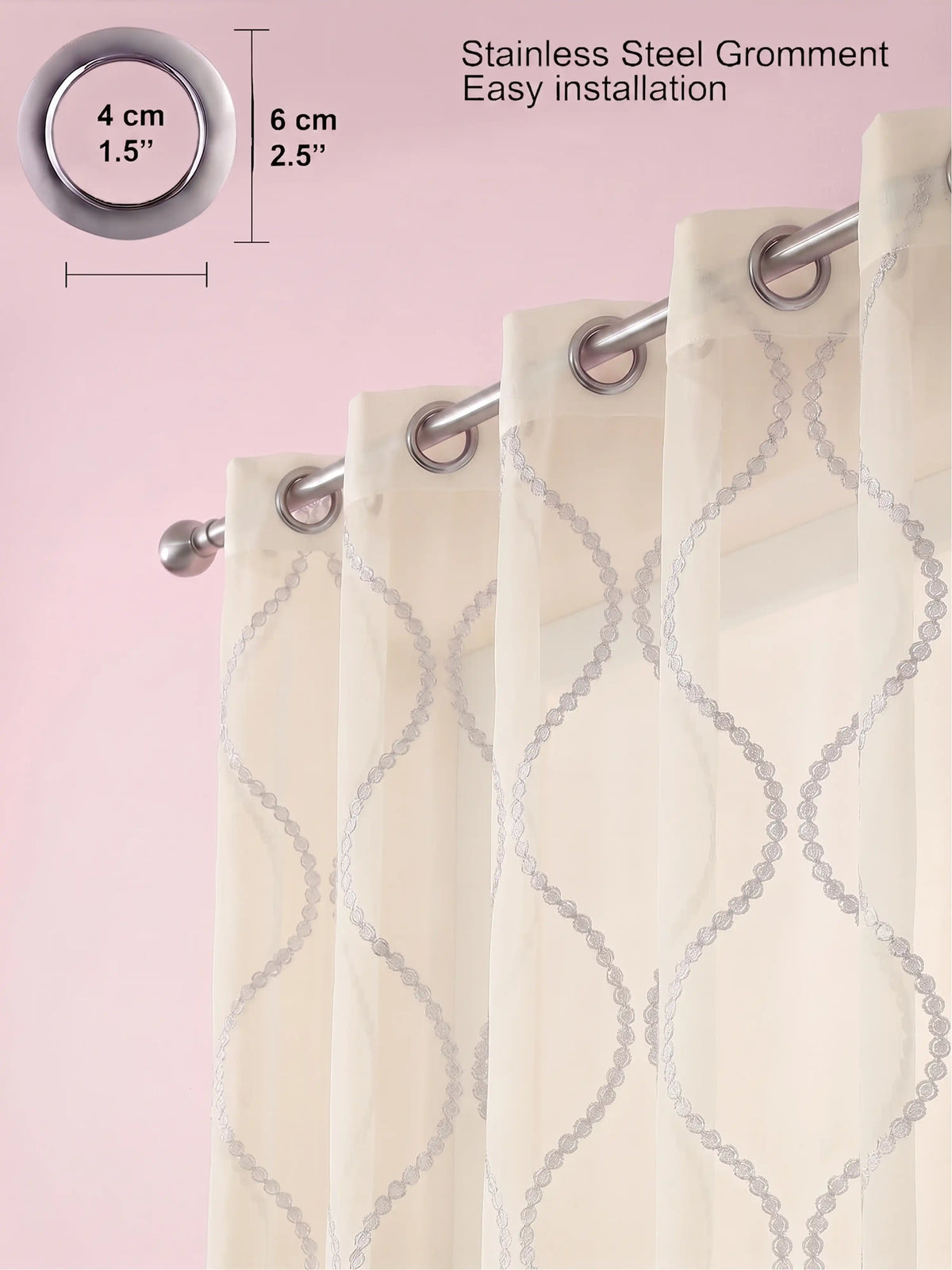 Evabella Embroidered Ogee Trellis Sheer Grommet Curtains | 100% Polyester