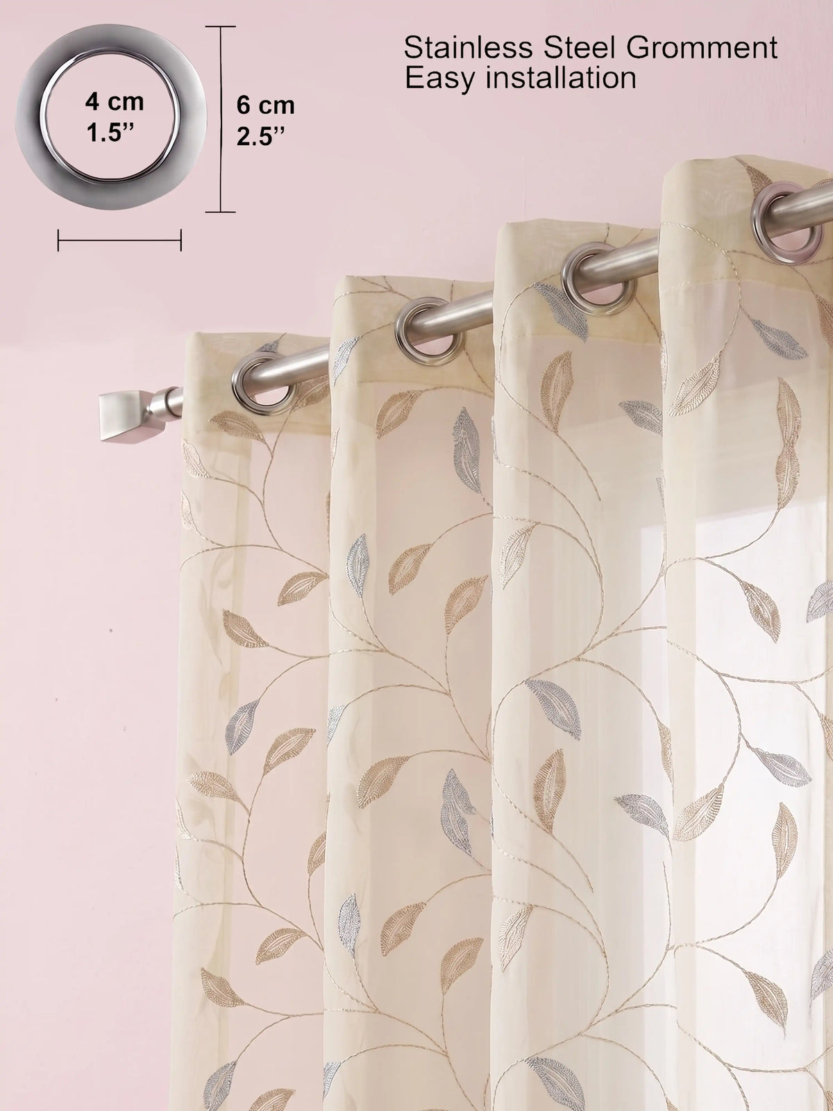 Evabella Embroidered Leaf Vine Sheer Grommet Curtains | 100% Polyester