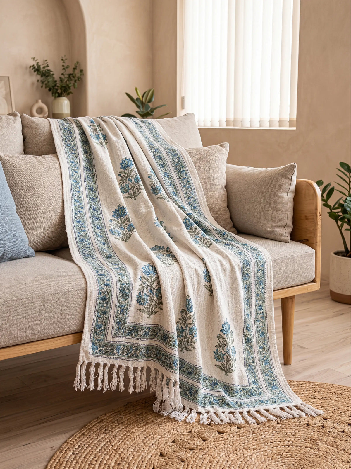 Atoz Home Decor Traditional Sanganeri Block Printed Cotton-Jute Throw with Fringe (130 x 170 cm)