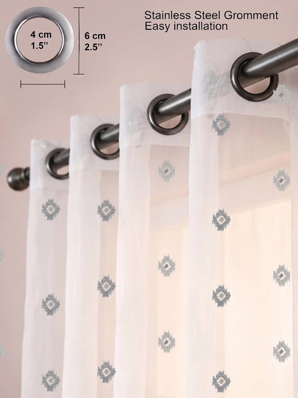 Evabella Embroidered Geometric Diamond Sheer Grommet Curtains | 100% Polyester
