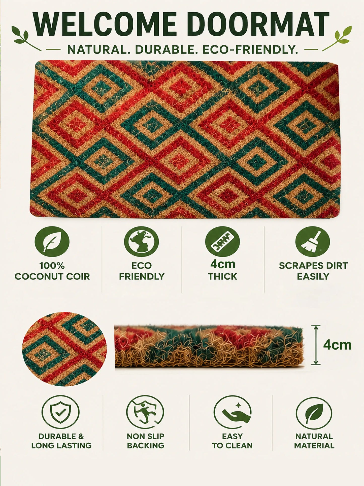 AtoZ Home Decor Geometric Diamond Coir Doormat (75x45 cm)