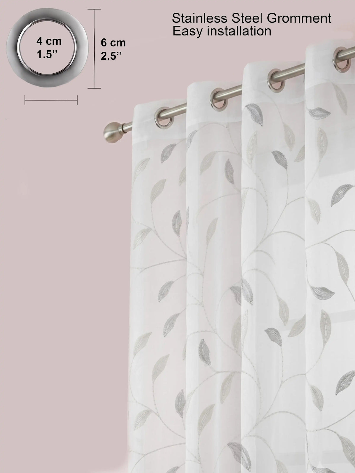 Evabella Embroidered Leaf Vine Sheer Grommet Curtains | 100% Polyester