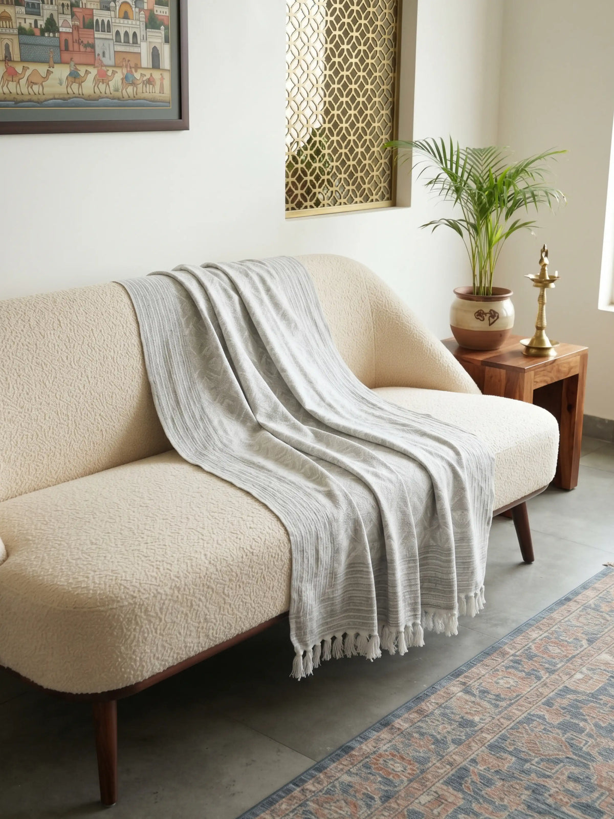 Atoz Home Decor Traditional Sanganeri Block Printed Cotton-Jute Throw with Fringe (130 x 170 cm)