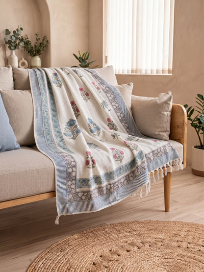 Atoz Home Decor Traditional Sanganeri Block Printed Cotton-Jute Throw with Fringe (130 x 170 cm)