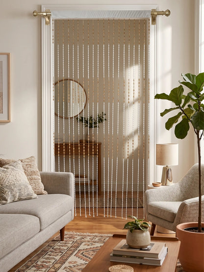 Atoz Home Decor Wooden-Style Tilak Bead String Door Curtain | White & Gold PVC | 4x7 ft