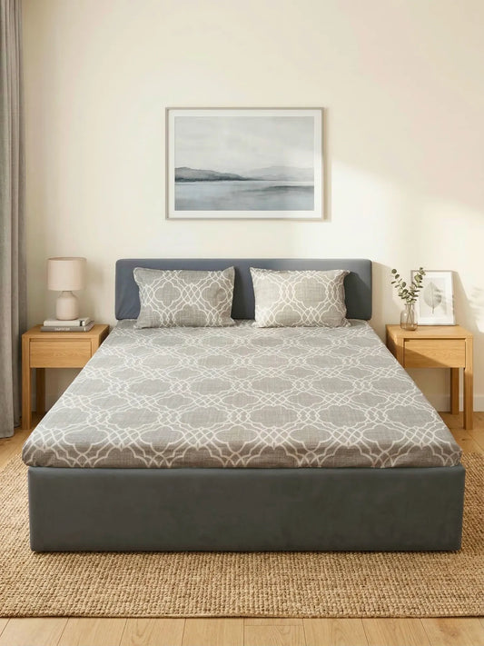 Soft Feel, Trellis Design Double Bed Sheet Set with 2 Pillow Cases – 100% Cotton (210 TC)
