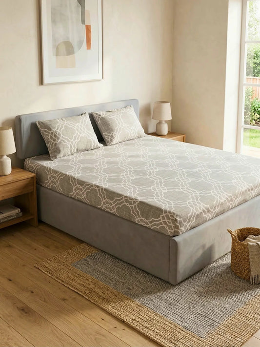 Soft Feel, Trellis Design Double Bed Sheet Set with 2 Pillow Cases – 100% Cotton (210 TC)