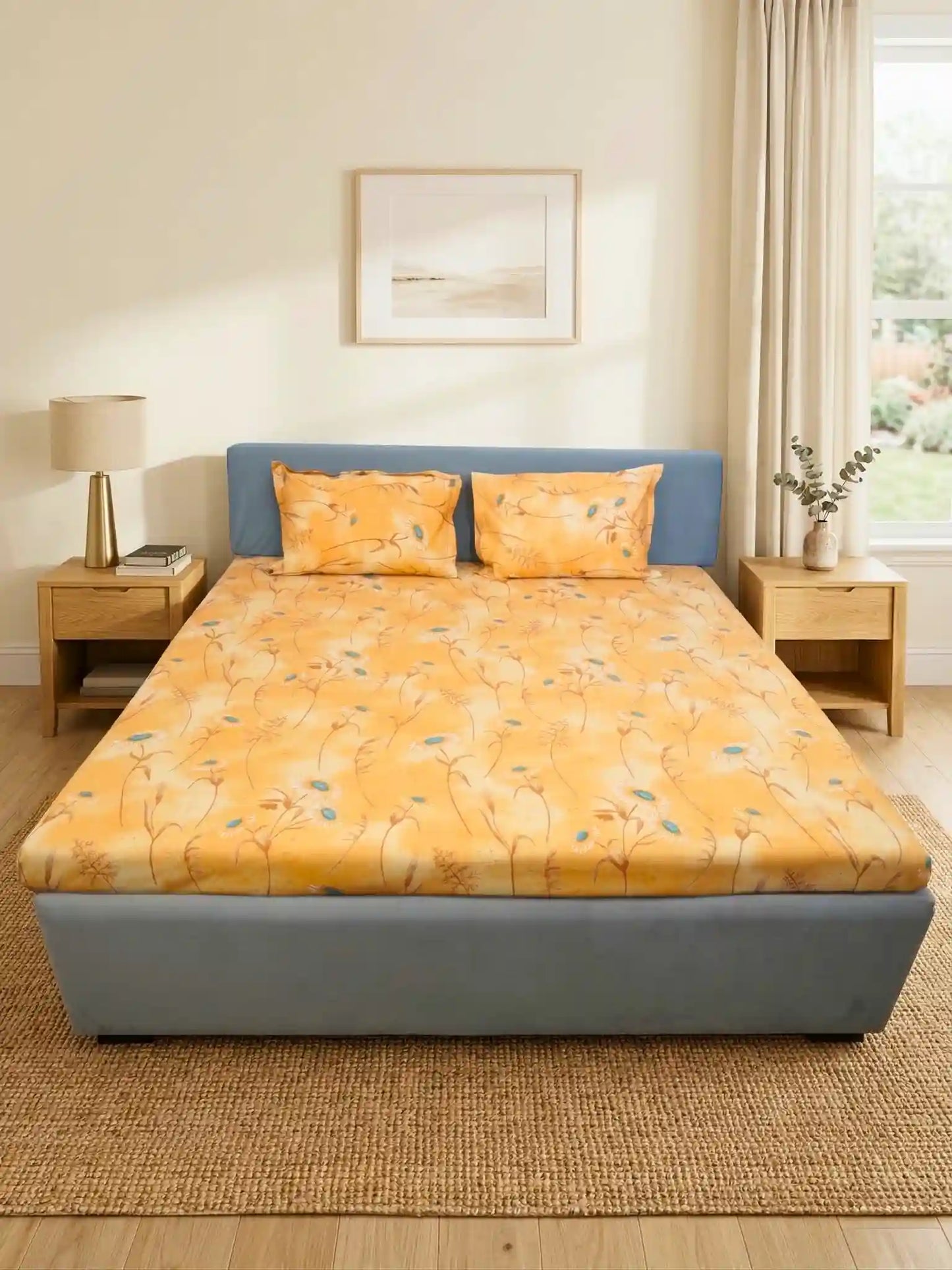 Soft Feel Sunflower Yellow Floral Cotton Double Bedsheet Set