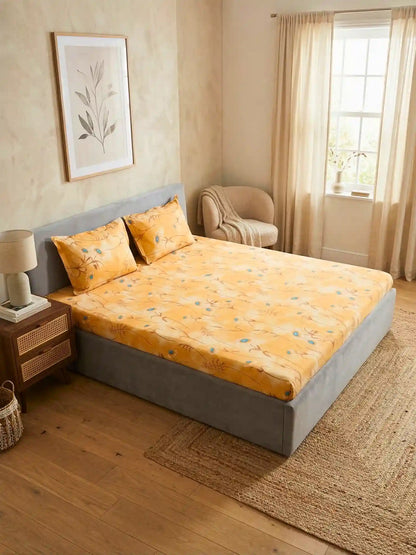Soft Feel Sunflower Yellow Floral Cotton Double Bedsheet Set