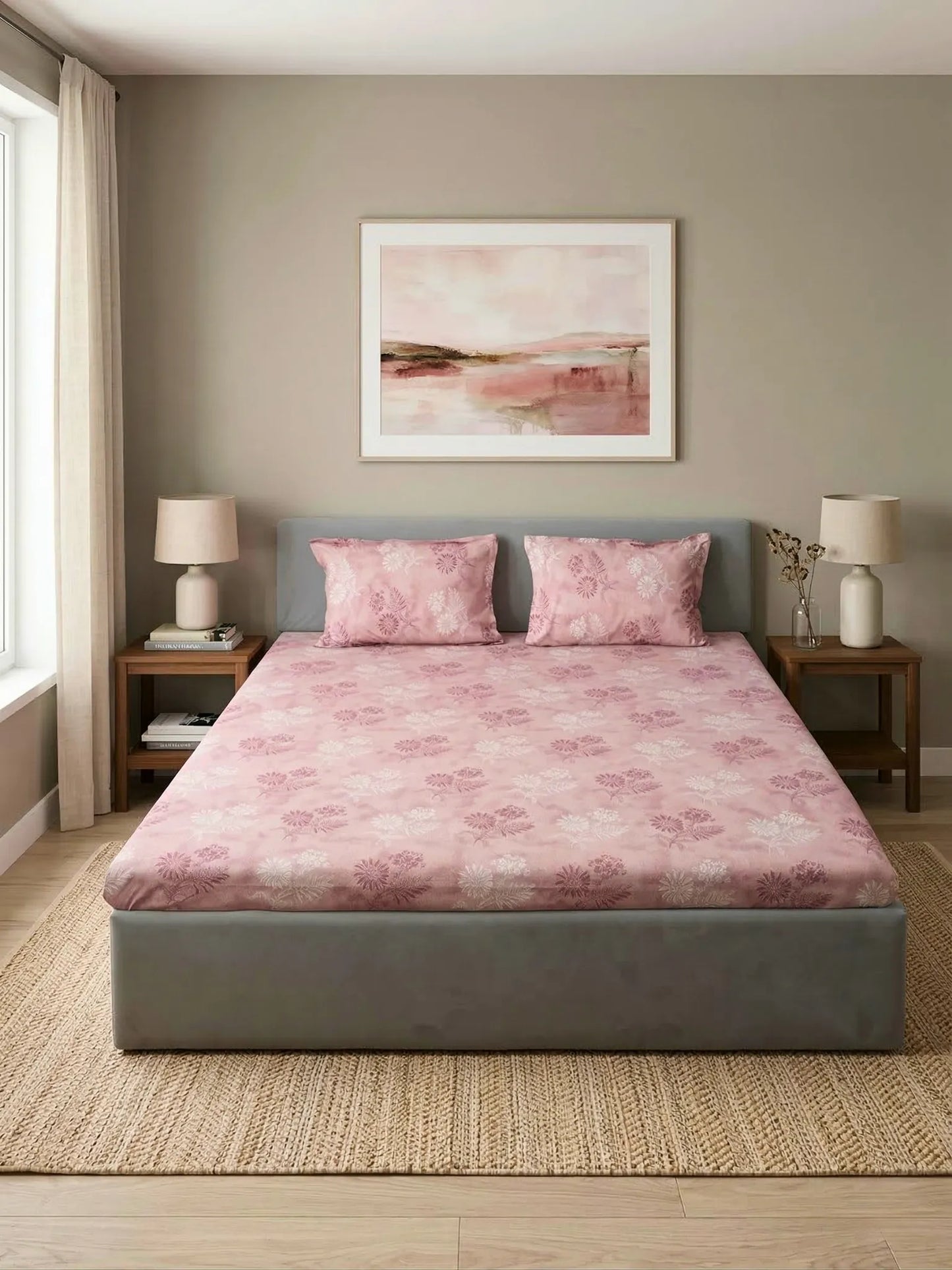 Soft Feel, Ornamental Floral Double Bed Sheet Set with 2 Pillow Cases – 100% Cotton (210 TC)
