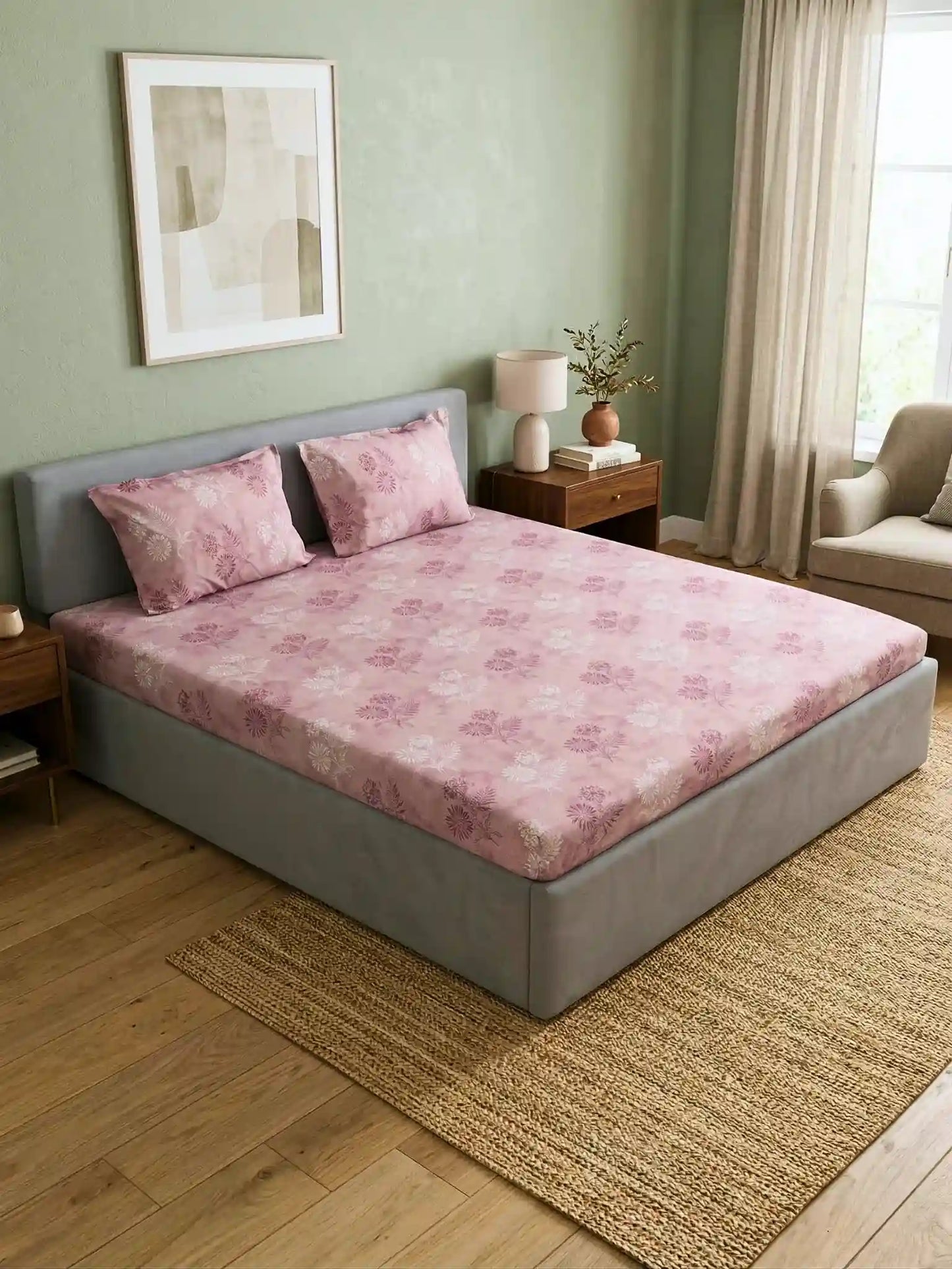 Soft Feel, Ornamental Floral Double Bed Sheet Set with 2 Pillow Cases – 100% Cotton (210 TC)