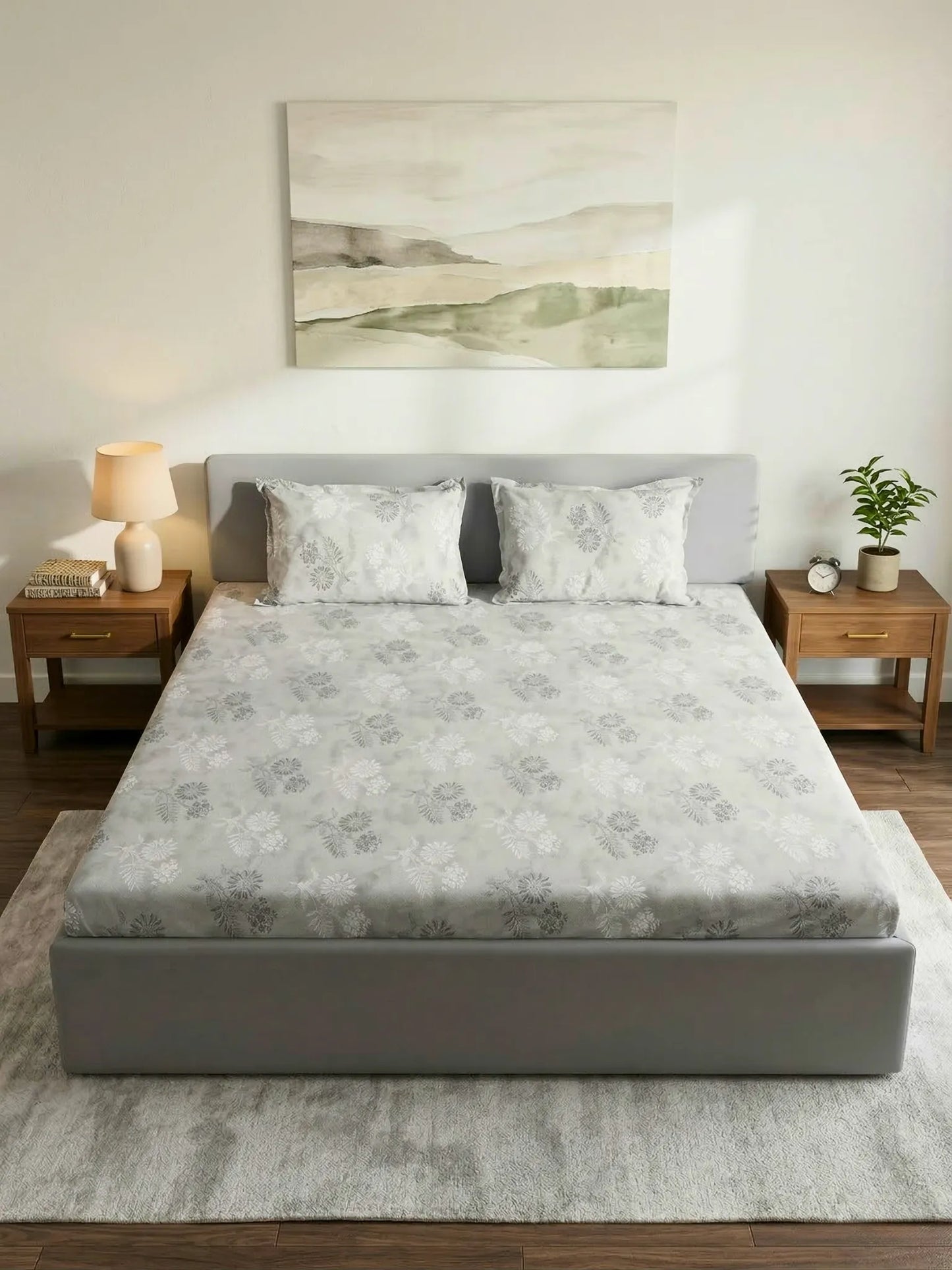 Soft Feel, Ornamental Floral Double Bed Sheet Set with 2 Pillow Cases – 100% Cotton (210 TC)