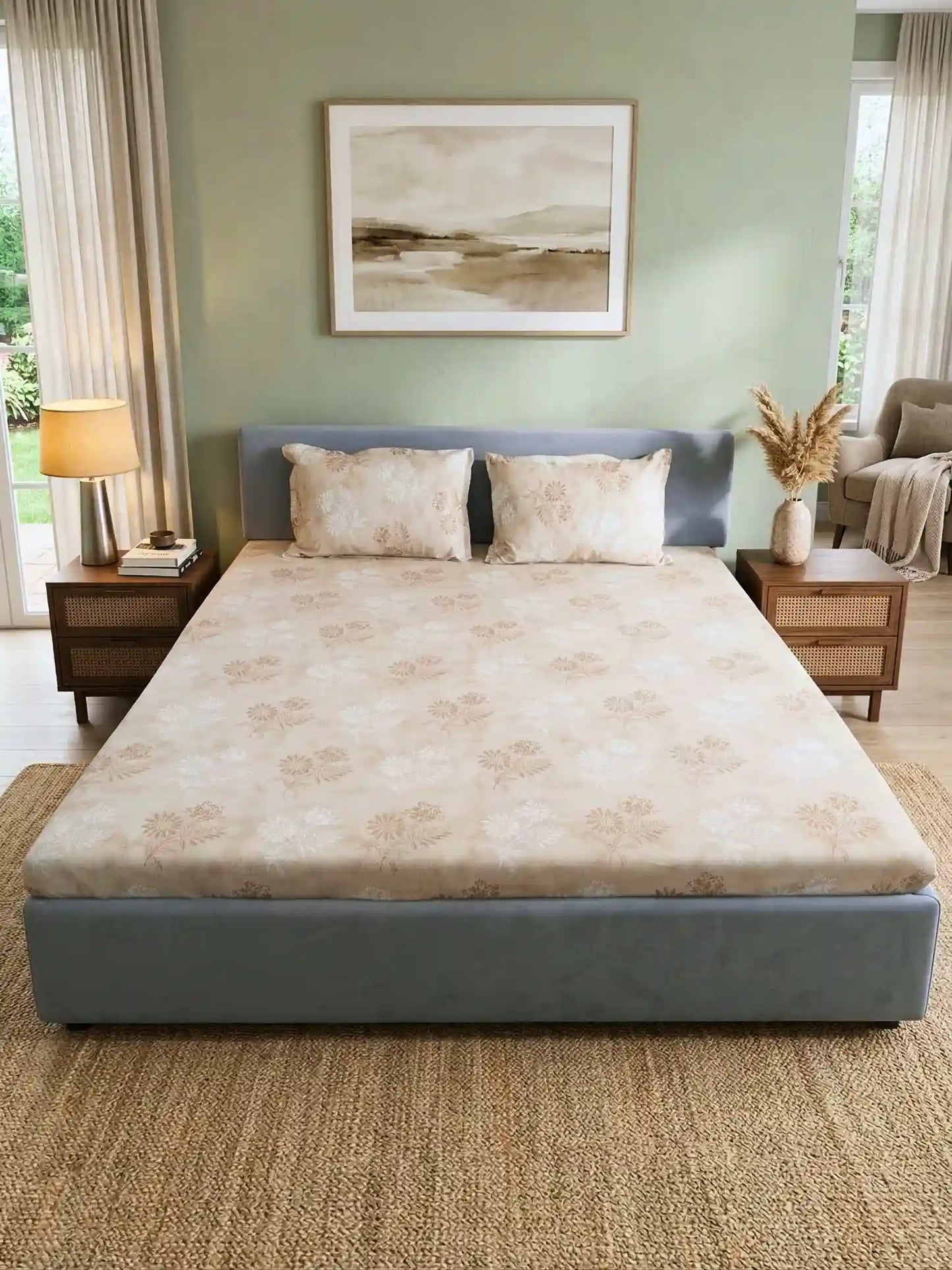 Soft Feel, Ornamental Floral Double Bed Sheet Set with 2 Pillow Cases – 100% Cotton (210 TC)