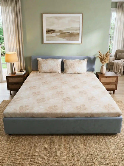 Soft Feel, Ornamental Floral Double Bed Sheet Set with 2 Pillow Cases – 100% Cotton (210 TC)
