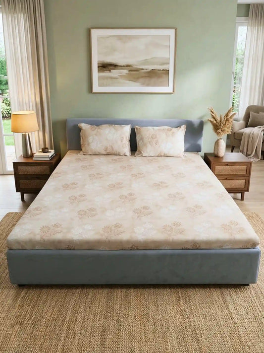Soft Feel, Ornamental Floral Double Bed Sheet Set with 2 Pillow Cases – 100% Cotton (210 TC)