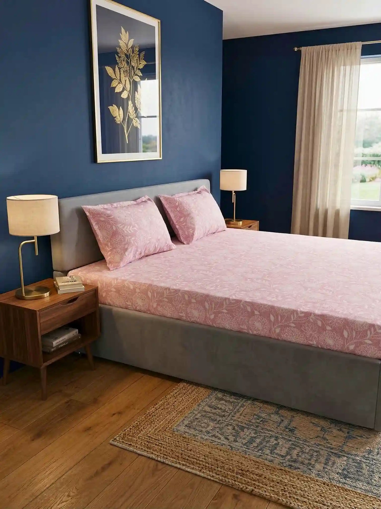 Soft Feel, Jardin Floral Double Bed Sheet Set with 2 Pillow Cases – 100% Cotton (210 TC)