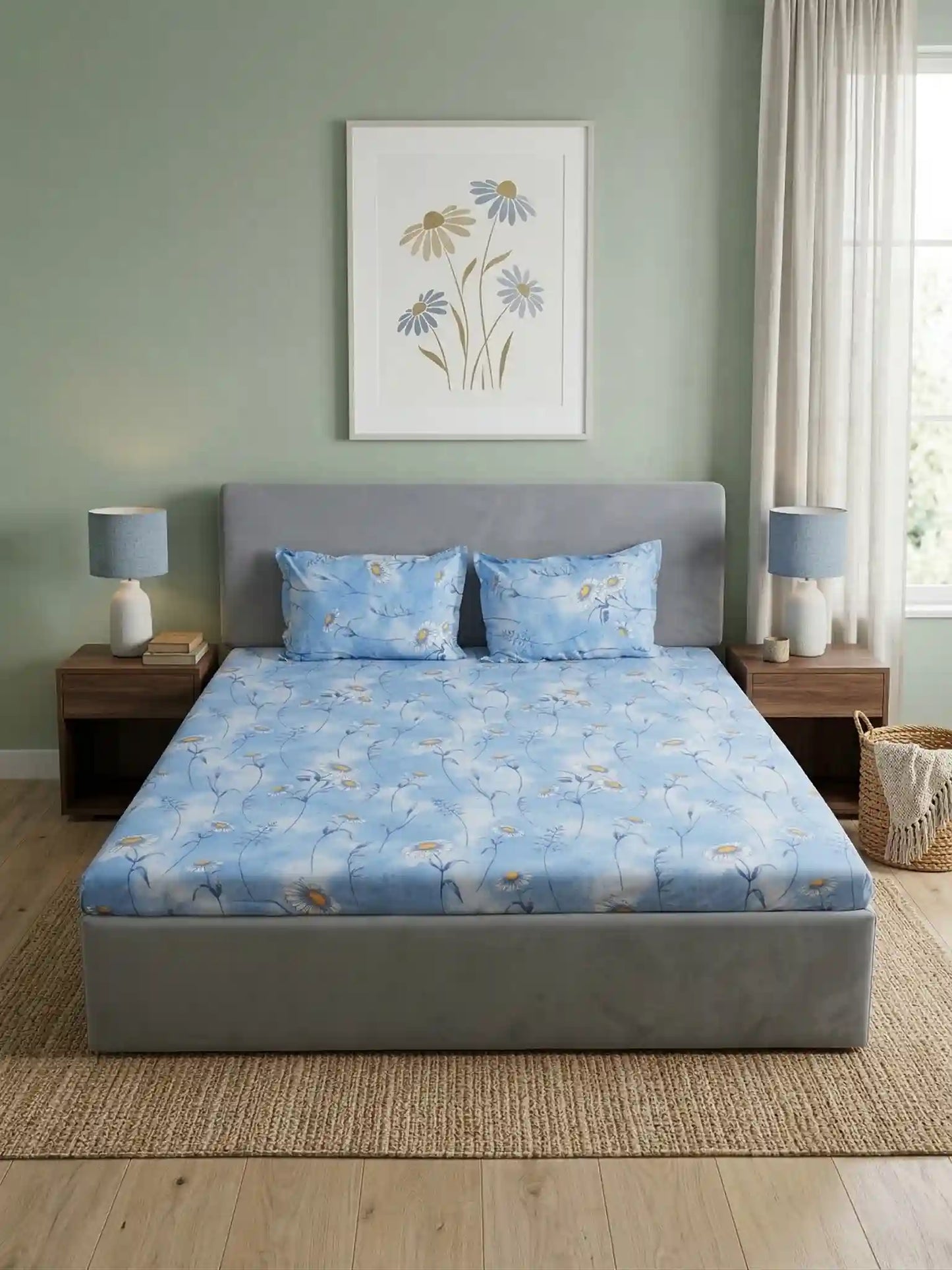 Soft Feel Blue Floral Cotton Double Bedsheet Set