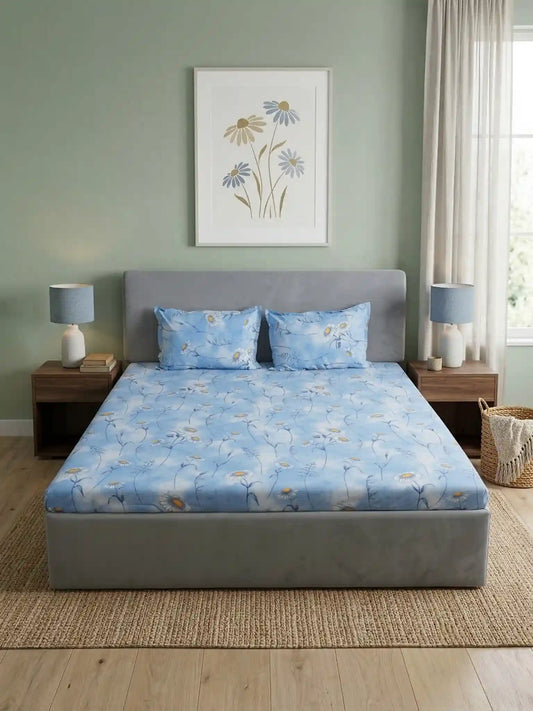 Soft Feel Blue Floral Cotton Double Bedsheet Set