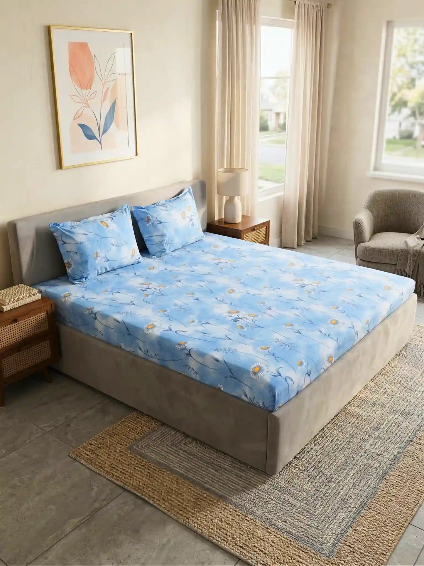 Soft Feel Blue Floral Cotton Double Bedsheet Set
