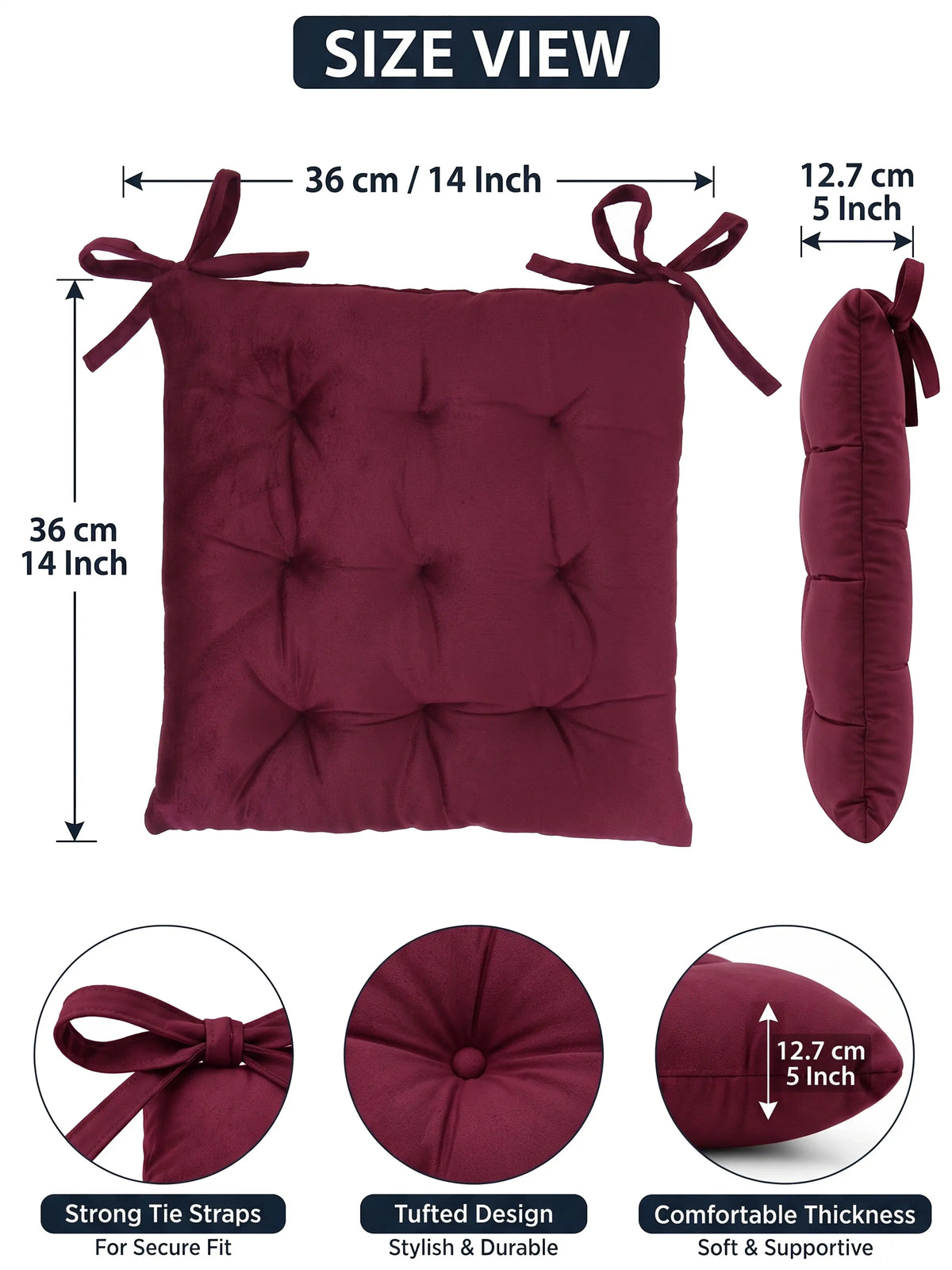 Atoz Home Decor Tufted Chair Pad with Tie Straps | Thick 14x14" Seat Cushionps
