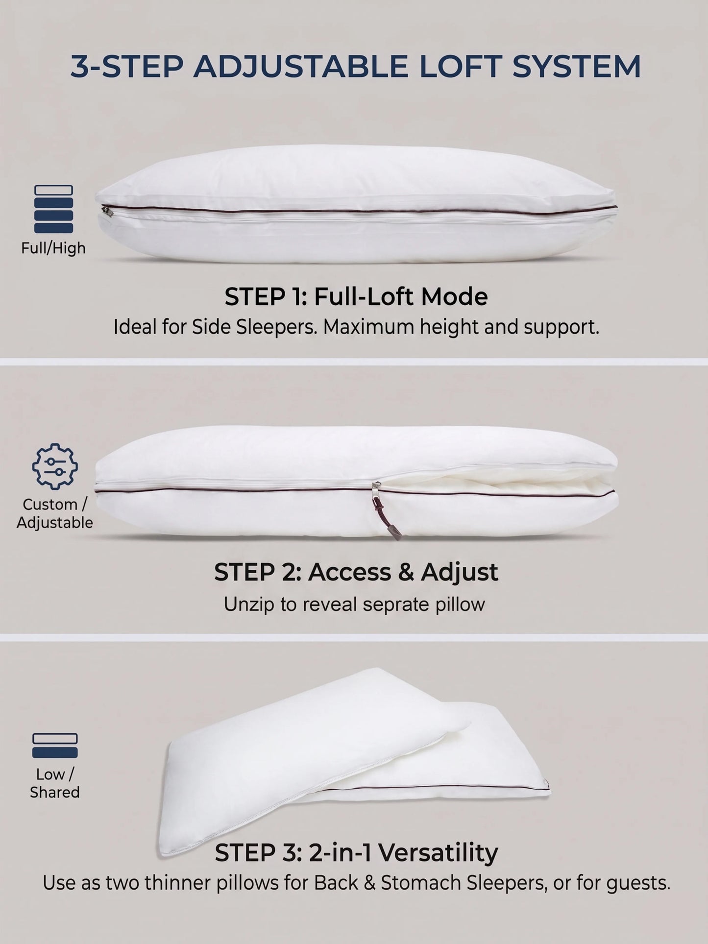 AtoZ Home Decor 2-in-1 Adjustable Pillow Detachable Cotton Support (18 x 27 inch)