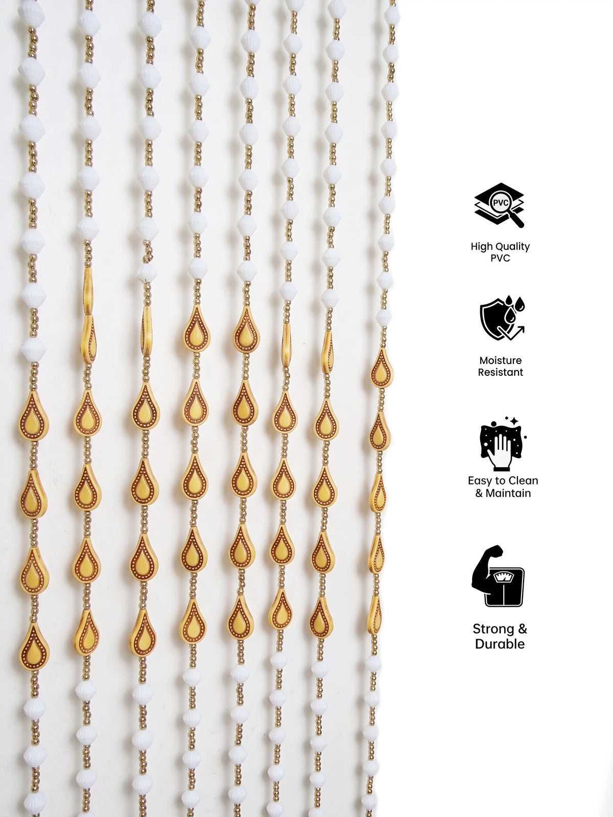 Atoz Home Decor Wooden-Style Tilak Bead String Door Curtain | White & Gold PVC | 4x7 ft