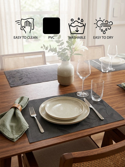 AtoZ Home Decor Dark Grey Leaf Motif PVC Placemats Set of 6