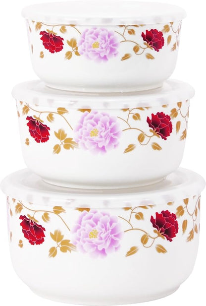 TAKISSO Porcelain Bowl Set of 3 with Airtight Lids (1000ml, 600ml, 325ml) – Microwave & Dishwasher Safe Food Storage Containers