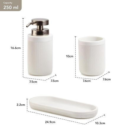 Obsessions 3-Piece White Fluted Polyresin Bathroom Accessory Set – Soap Dispenser, Tumbler & Oval Vanity Organizer Tray