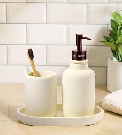 Obsessions 3-Piece Cream Polyresin Bathroom Accessory Set – Soap Dispenser, Tumbler & Vanity Organizer Tray
