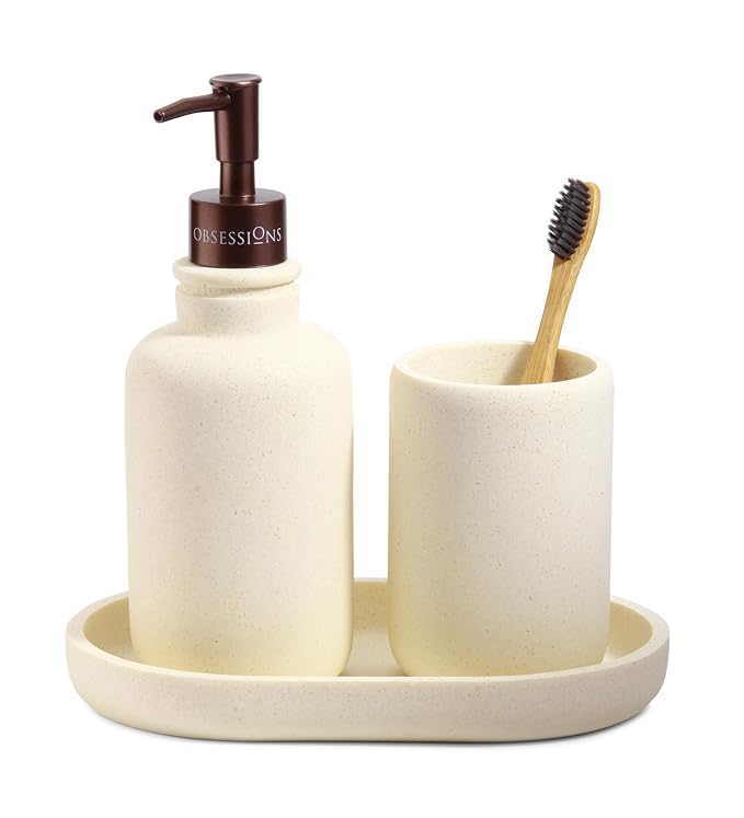 Obsessions 3-Piece Cream Polyresin Bathroom Accessory Set – Soap Dispenser, Tumbler & Vanity Organizer Tray