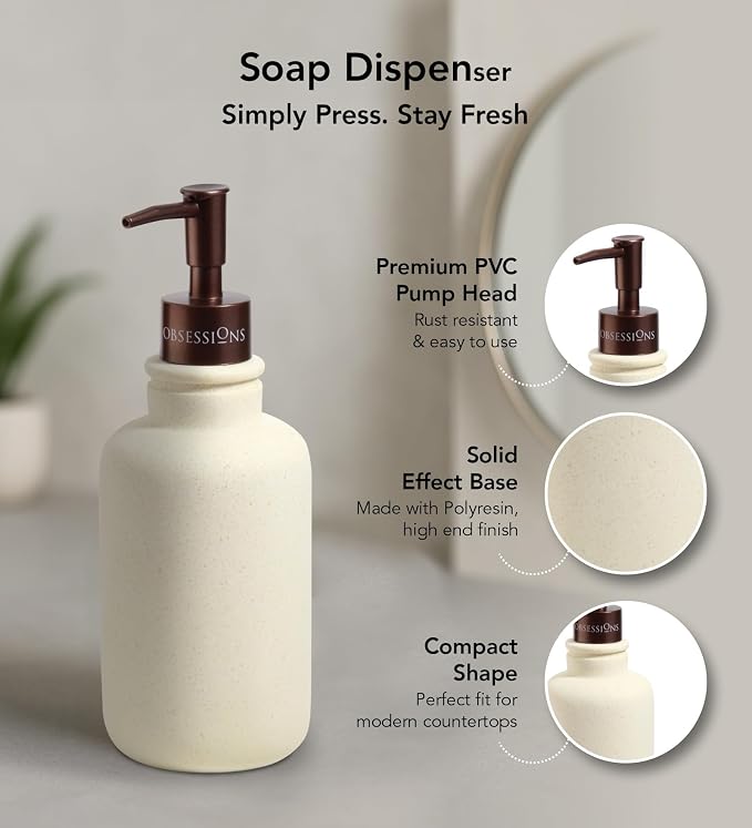 Obsessions 3-Piece Cream Polyresin Bathroom Accessory Set – Soap Dispenser, Tumbler & Vanity Organizer Tray