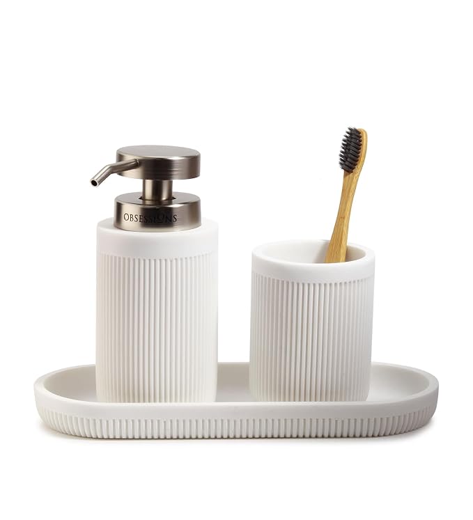 Obsessions 3-Piece White Fluted Polyresin Bathroom Accessory Set – Soap Dispenser, Tumbler & Oval Vanity Organizer Tray
