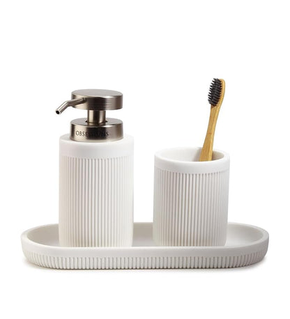 Obsessions 3-Piece White Fluted Polyresin Bathroom Accessory Set – Soap Dispenser, Tumbler & Oval Vanity Organizer Tray