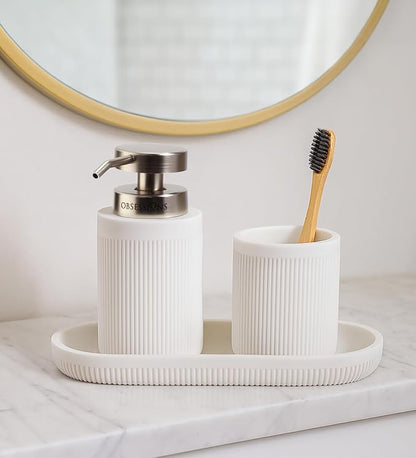 Obsessions 3-Piece White Fluted Polyresin Bathroom Accessory Set – Soap Dispenser, Tumbler & Oval Vanity Organizer Tray