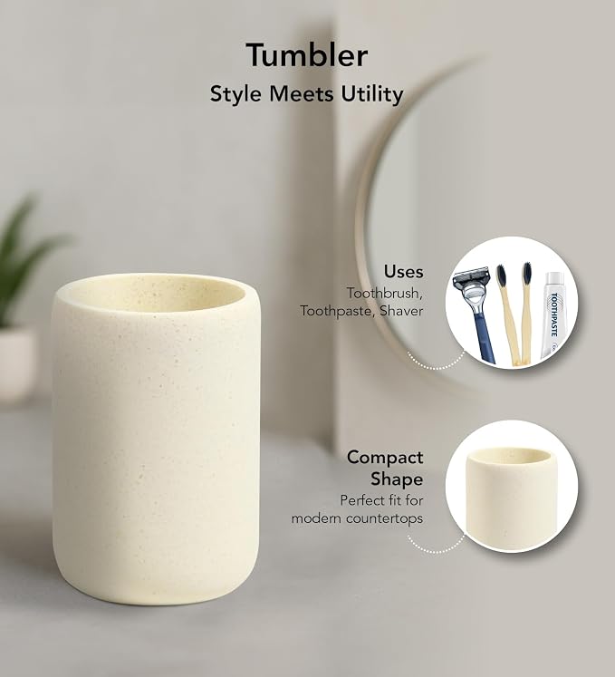 Obsessions 3-Piece Cream Polyresin Bathroom Accessory Set – Soap Dispenser, Tumbler & Vanity Organizer Tray