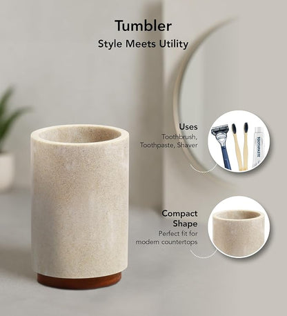 Obsessions 3-Piece Beige Polyresin Bathroom Accessory Set with Wood Accents – Soap Dispenser, Tumbler & Oval Vanity Tray