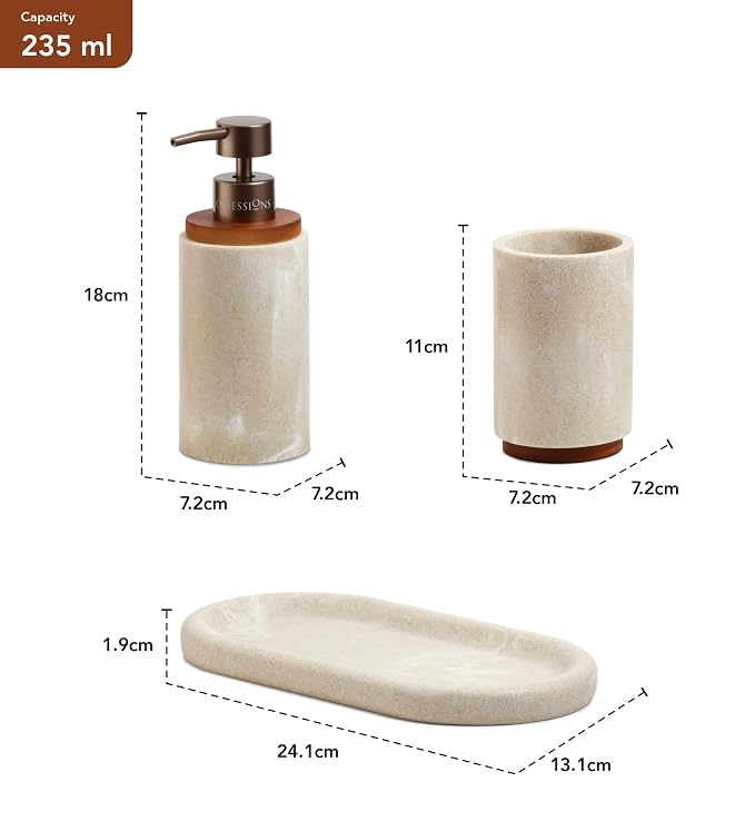 Obsessions 3-Piece Beige Polyresin Bathroom Accessory Set with Wood Accents – Soap Dispenser, Tumbler & Oval Vanity Tray