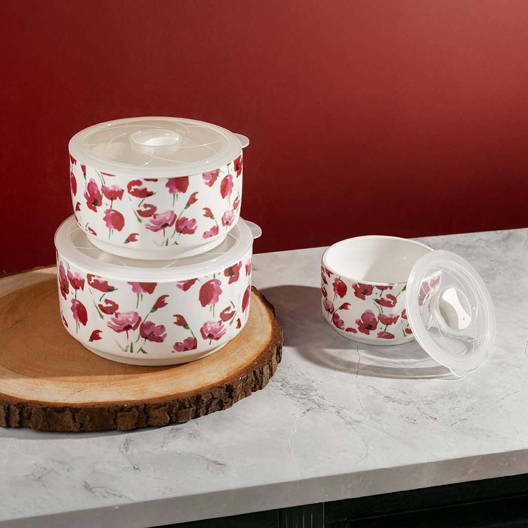 TAKISSO Porcelain Bowl Set of 3 with Airtight Lids (1000ml, 600ml, 325ml) – Microwave & Dishwasher Safe Food Storage Containers