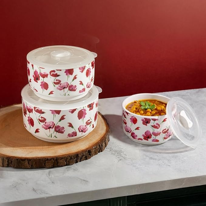 TAKISSO Porcelain Bowl Set of 3 with Airtight Lids (1000ml, 600ml, 325ml) – Microwave & Dishwasher Safe Food Storage Containers